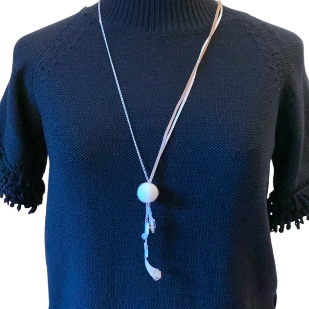 CREATION - Long Opera White and beige Necklace - beads, feather, felt ball